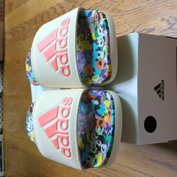 NIB FARM Rio Slide Sandals Adidas Collab Multicolor Abstract Print Womens Size 7 - Picture 2 of 11